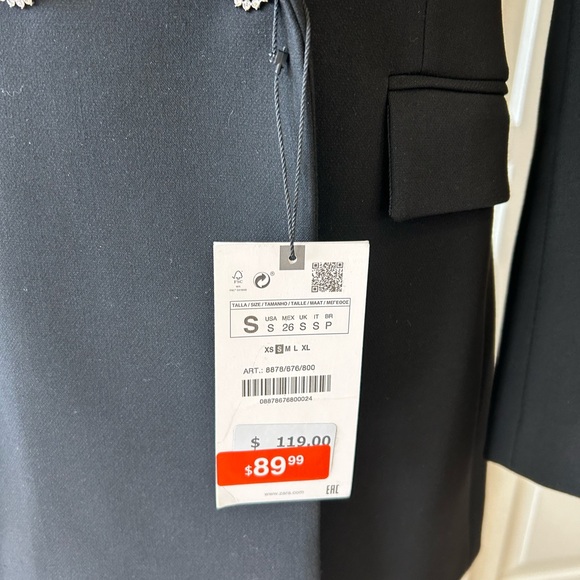 Zara Chic Black Double-Breasted Blazer with Rhinestone Buttons Size S NWT - Picture 9 of 11
